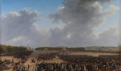 1831年10月6日、サンクトペテルブルクのツァーリツァ草原で行われたポーランド王国での軍事行動終結を祝うパレード。 作： Grigory Chernetsov
