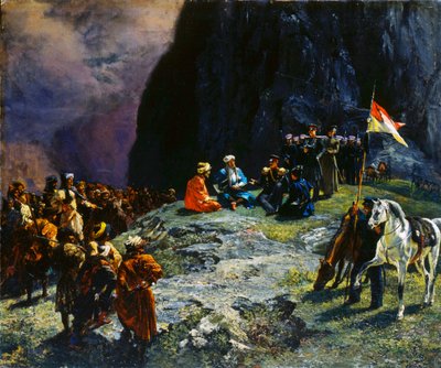 1837年、1849年のクルーケフォンクルーゲナウ将軍とイマームシャミルの会合。 作： Grigory Gagarin