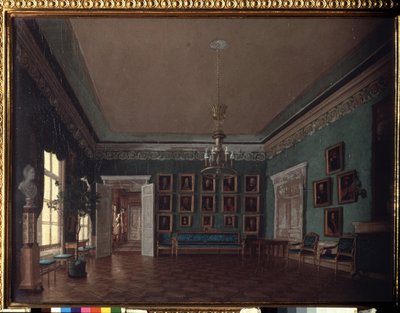 部屋で。 グリゴリ・カルポヴィッチ・ミハイロフ (1814-1867) の絵画、キャンバスに油彩。 19世紀のロシア美術。 国立トレチャコフ美術館、モスクワ。 作： Grigory Mikhailov