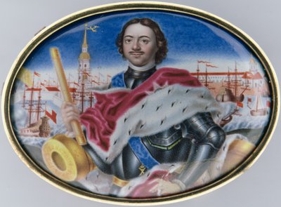1723年のサンクトペテルブルクのセントピーターアンドセントポール要塞とトリニティスクエアに対するピーター1世（1672-1725）の肖像（金色のエナメル）（126084を参照） 作： Grigory Semyonovich Musikiysky