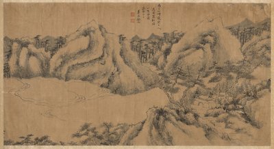 1700 年代後半の曇った山の松の木陰の修道院。 作： Gu Chao