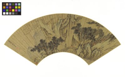 橋の上の2人の人物が描かれた山岳風景、1558年（インクと金の紙の色） 作： Gu Qian