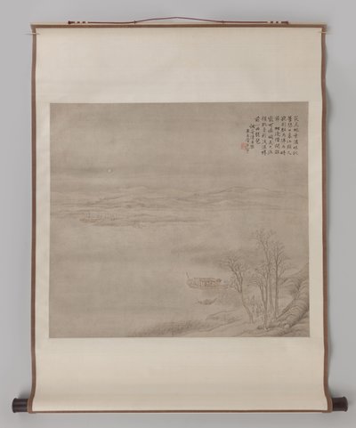 数字のある月明かりに照らされた川の風景 掛け軸 月下人物川風景 作： Guan Xining
