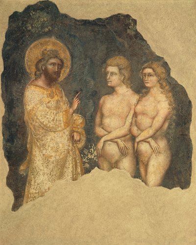 永遠の前のアダムとイブ」グァリエント（1338年から活動、1367年頃死去）作、フレスコ画、ガリレオ芸術科学アカデミー・カラレーゼ礼拝堂、旧パタヴィーナ、パドヴァ（イタリア）、1350年頃 作： Guariento di Arpo