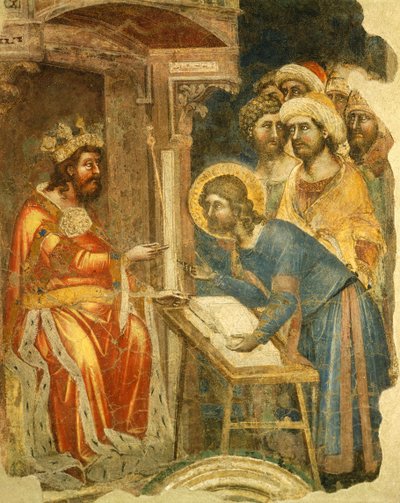 ヨセフとその兄弟の物語」、リドルフォ・グアリエントまたはアルポのグアリエント（1338年から1370年まで活動）作、フレスコ画、ガリレオ科学・文学・芸術アカデミー（旧パタヴィーナ）、パドヴァ、イタリア 作： Guariento di Arpo