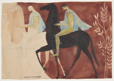 馬に乗った二人の若者。 ドラフトルームの装飾 作： Gudrun Traustedt