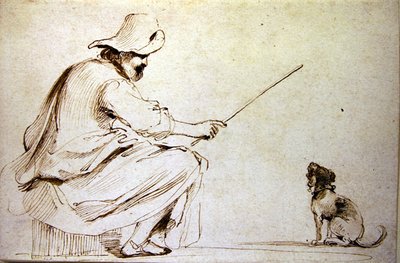犬の訓練をしている座った人（紙にペン、茶インク、ウォッシュ） 作： Guercino