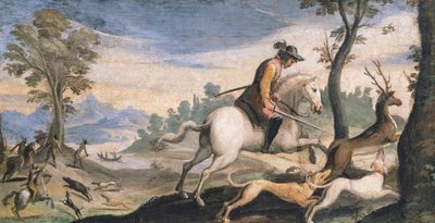 鹿とイノシシの狩猟」グエルチーノことジョヴァンニ・フランチェスコ・バルビエリ（1591-1666）作、フレスコ画、53x101cm 作： Guercino