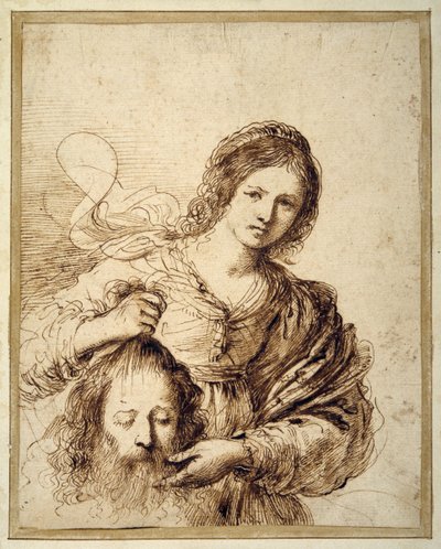 ホロフェルネスの首を持つジュディス (クリーム色の紙にペンと茶色のインク) 作： Guercino (1591 1666)