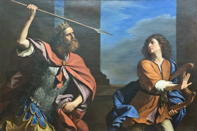 サウルは槍でダビデを殺そうとする 作： Guercino (1591 1666)