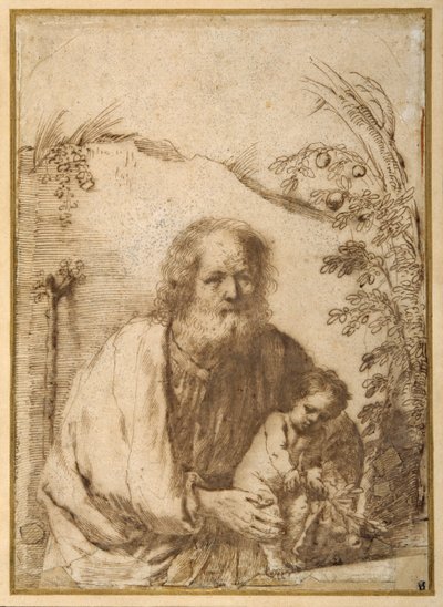 リンゴの木の小枝を握る聖ヨセフと幼いキリスト（紙にペン・インク 作： Guercino