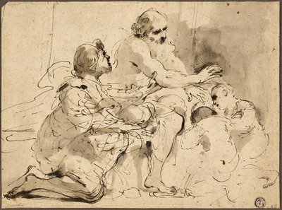 ヨセフの息子たちを祝福するヤコブの習作》1620年頃（ペン、茶インク、筆、灰色と茶色の水彩画） 作： Guercino (1591 1666)