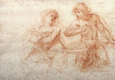 裸の男と女の習作（赤チョーク） 作： Guercino
