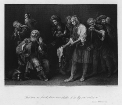 ブラッディコートに騙されたヤコブ、創世記XXXVII, 32（彫刻 作： Guercino