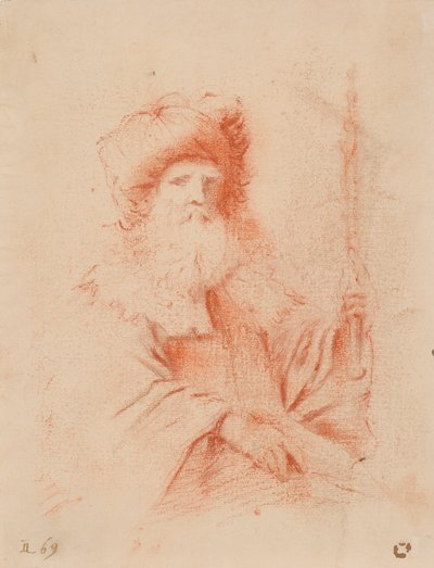 ターバンのひげを生やした男のスケッチ (紙に赤いチョーク) 作： Guercino