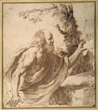 砂漠で読書する聖人（紙にペン＆インク 作： Guercino