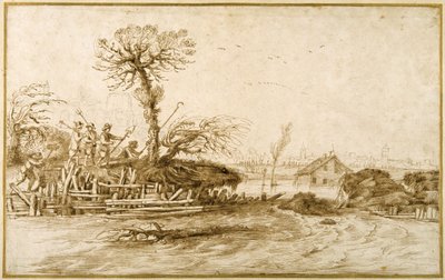 氾濫する川と斧などの道具を持った農民たち（紙にチョークの上にペンとインク 作： Guercino