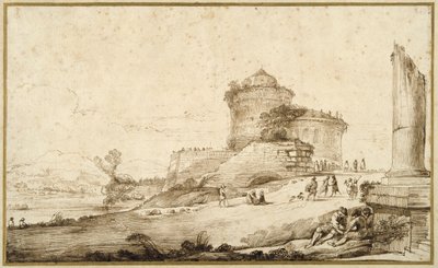 右手前に壊れた柱、城、多数の人物がいる風景（紙にペンとインク 作： Guercino
