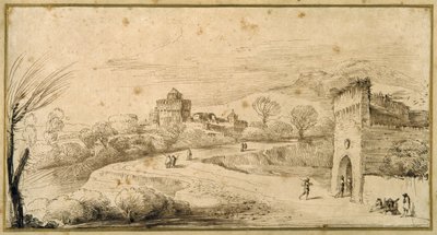 ゲートハウスと曲がりくねった道のある風景（紙にペン＆インク 作： Guercino