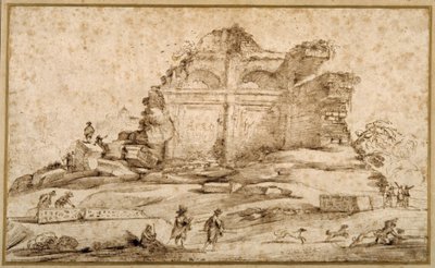 古典的な遺跡と犬に襲われた若者のいる風景（紙にペンとインク 作： Guercino