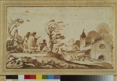 教会のそばに人物がいる風景（紙にペン、インク、ウォッシュ 作： Guercino