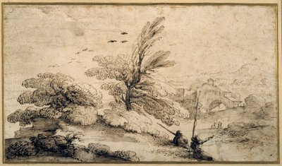 二人の漁師が休んでいる風景（紙にペンとインク 作： Guercino