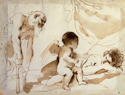 松葉杖の男」「キューピッド」「眠るヴィーナス」（紙にペン、インク、ウォッシュ 作： Guercino