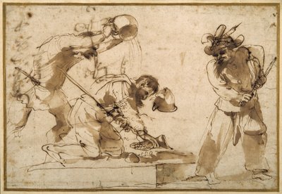 コメディア・デラルテのキャラクターを使った風刺的な題材（紙にペン、茶インク 作： Guercino