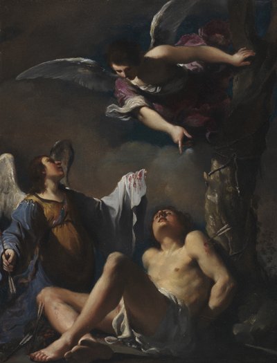 2人のアンジェクに助けられた聖セバスティアヌス 作： Guercino