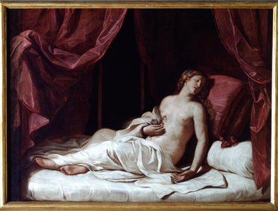 女王クレオパトラの死 古代エジプトの女王、クレオパトル7世テア・フィロパトル（紀元前69～30年）の自殺 - （女王クレオパトラの死） 絵画 グェルチーノ（ジョヴァン・フランチェスコ・バルビエリ）（ゲルチン）（1591～1666年） 1648年 おぼろげに 173x237 cm ゲネス、ストラーダ博物館 作： Guercino