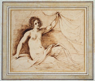 カーテンを持ち上げるリクライニングヌードの女性 作： Guercino