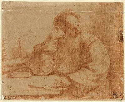 テーブルに座っているひげを生やした男 作： Guercino