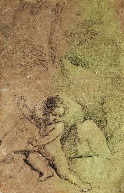 風景の中で矢筒から矢を引くキューピッド、 作： Guercino