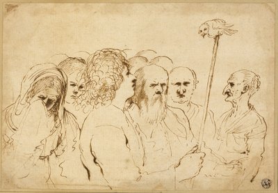 棒にフクロウを乗せた人物のグループ 作： Guercino