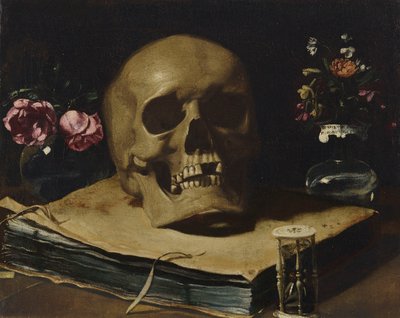 グエルチーノ-本の上に髑髏、砂時計と2つのガラスの花瓶のあるヴァニタス静物画 作： グエルチーノ