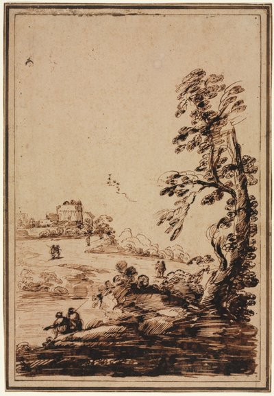 建物の小さなグループのある風景、後半1700年代。 作： Guercino