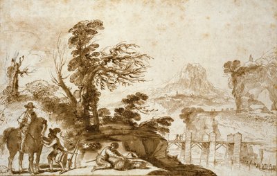騎手と橋のある風景、17世紀初頭 作： Guercino
