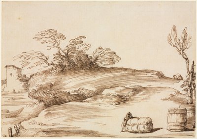 ベールに寄りかかった男のいる風景c。 1640。 作： Guercino
