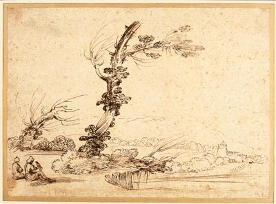 木のそばで鷹匠のいる風景 作： Guercino