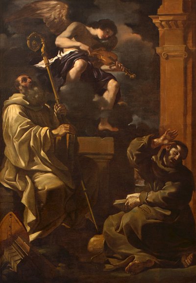 音楽家の天使に耳を傾ける聖ベネディクトと聖フランシスコ。 作： Guercino