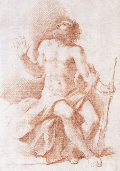 隠者聖パウロ、左を見上げて棒を握る、c.1637-8 作： Guercino