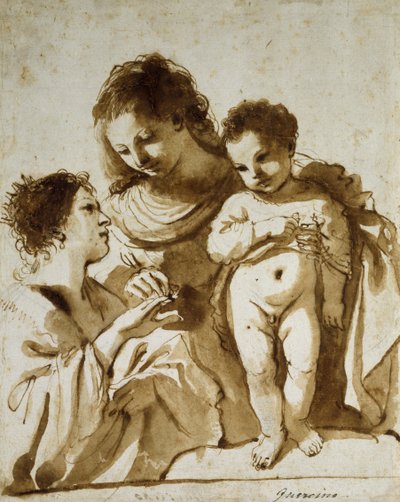 聖カタリナの神秘的な結婚、1618-19（白い紙に黒いチョークで茶色のウォッシュを示すペンと茶色のインク） 作： Guercino