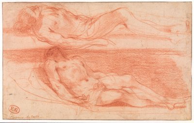 リクライニング半裸の男性の 2 つの研究 作： Guercino
