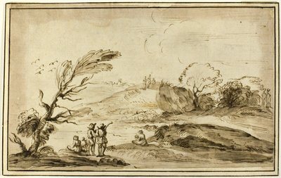 風景の中の人物の 2 つのグループ 作： Guercino