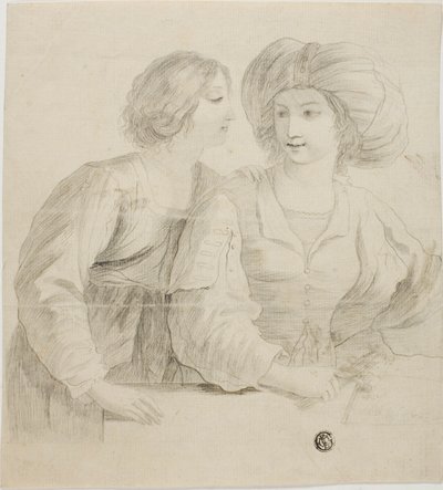 会話中の 2 人の若い女性、1 人はターバンを着用 作： Guercino