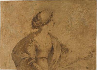 横顔の女性、左手で指さす 作： Guercino