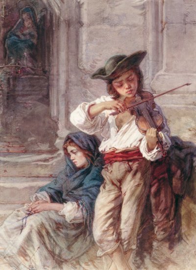 若いヴァイオリニスト、1880年頃（紙にトイレ） 作： Guido Bach