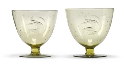 2つの「ラルナ」（月）のエッチングされた杯、1930年頃（手吹きガラス） 作： Guido Balsamo Stella