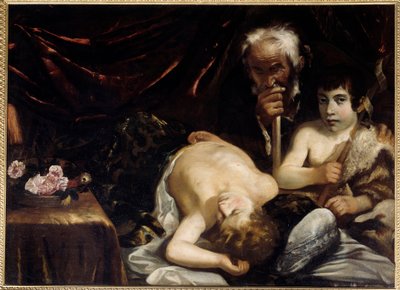 寝ている子供のイエスと洗礼者ヨハネと聖ヨセフ グイド・カニャッチ（1601-1681）の絵画。1630-1640年 サイズ0.94x1.31m シャンティ、コンデ美術館 作： Guido Cagnacci