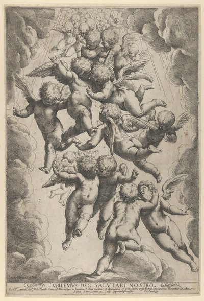 飛行中に抱き合う天使のグループ。雲に囲まれています。 1607 年頃。 1607年。 作： Guido Reni